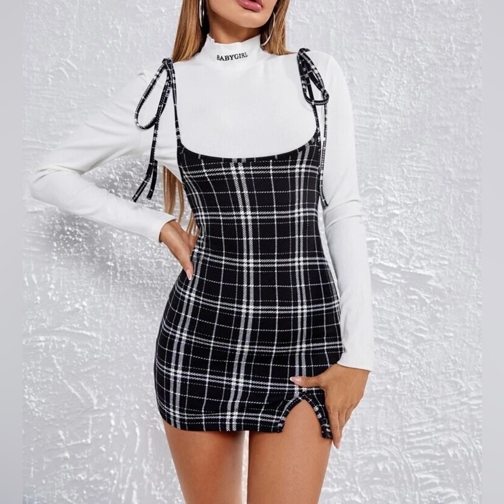 SHEIN Black & White Plaid Mini Dress with Tie Straps